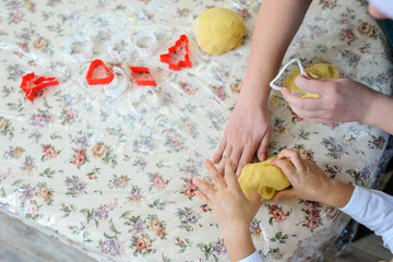 preparation dough for cookies in christmas style beautiful view with child