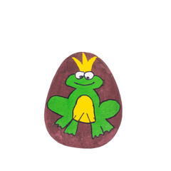 A Green King Frog Painted on a Pebble Stone Isolated on a White Background