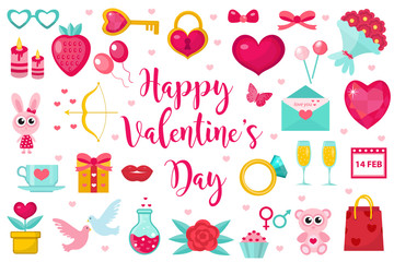 Valentines Day icon set, flat style. Love, romance and dating symbols collection, design element, object isolated on white background. Heart, love letter, flowers, gift. Vector illustration, clip art