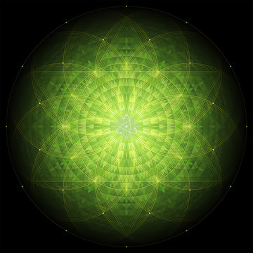 complex green geometric mandala on black background, sacred geometry, flower of life and atom, vector