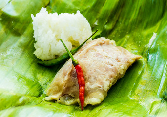 fermented pork on banana leaf, northen Thai food