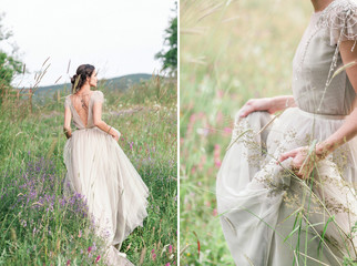 Bride in a beautiful dress with a bouquet of flowers and greener