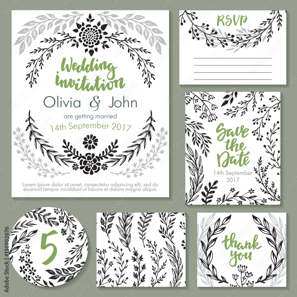 Wall mural Vector wedding collection. Templates for invitation, thank you card, save the date, RSVP