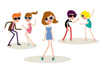 Cartoon style group of dancing people. Vector illustraton