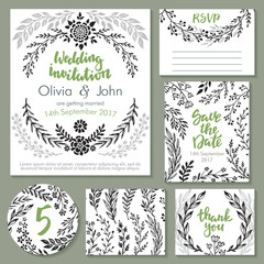 Vector wedding collection. Templates for invitation, thank you card, save the date, RSVP