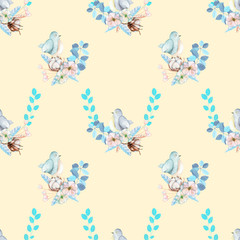 Seamless pattern with watercolor cute bird, blue plants, flowers and cotton flower, hand drawn isolated on a cream background, invitation, greeting card