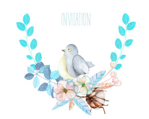 Illustration, wreath with watercolor cute bird, blue plants, flowers and cotton flower, hand drawn isolated on a white background, invitation, greeting card