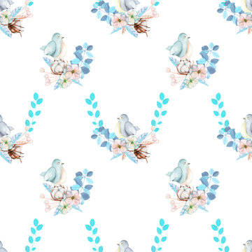 Seamless pattern with watercolor cute bird, blue plants, flowers and cotton flower, hand drawn isolated on a white background, invitation, greeting card