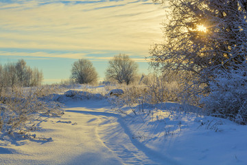 Winter snow landscape with sky and Sun