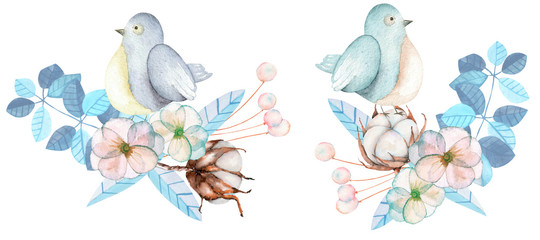 Illustration of the watercolor cute birds with tender blue posies, hand drawn isolated on a white background