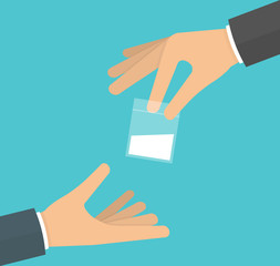 Drug dealing concept. Hand giving a plastic bag filled with powder to another hand