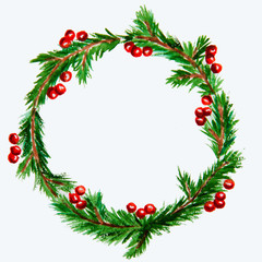New year and Christmas wreath - fir tree on white isolated backg