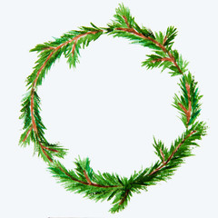 New year and Christmas wreath - fir tree on white isolated backg