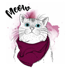 Portrait of a Cat with a scarf. vector illustration.Abstract Background with Watercolor Stains