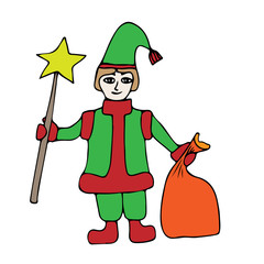 Colorful little Santa helper with star and sack with gifts