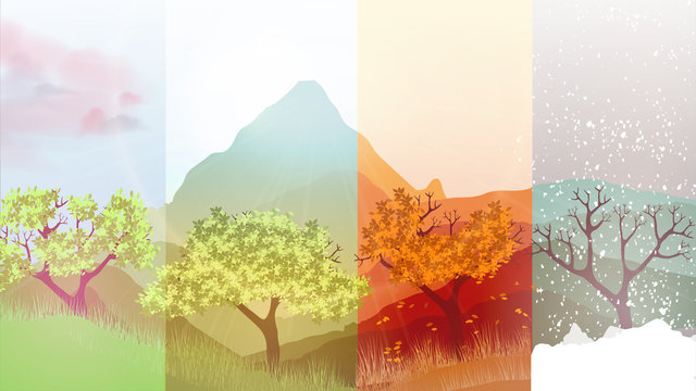 Four Seasons Banners with Abstract Trees on Forest Background -