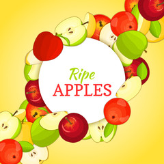 Round white frame on ripe apple diagonal composition background. Vector card illustration. Delicious fresh and juicy apples whole, peeled piece of half slice leaves seed. appetizing looking