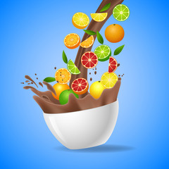 Bowl of healthy fresh fruits splash of milk chocolate. Vector illustration