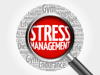 Stress Management word cloud with magnifying glass, health concept 3D illustration