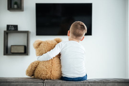 Back view image of cute little boy watching TV