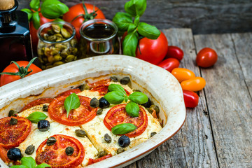 Vegetarian food plate, greek cuisine of mediterranean diet, healthy eating, cooking concept