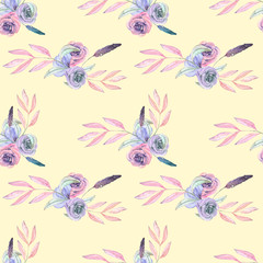 Fototapeta na wymiar Seamless pattern with isolated watercolor floral bouquets from tender flowers and leaves in pink and purple pastel shades, hand drawn on a cream background