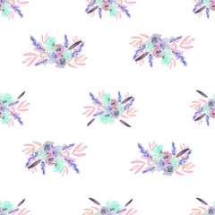 Fototapeta na wymiar Seamless pattern with isolated watercolor floral bouquets from tender flowers and leaves in pink, mint and purple pastel shades, hand drawn on a white background