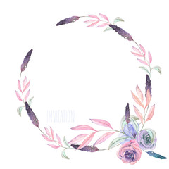 Fototapeta na wymiar Circle frame, border, wreath with watercolor tender flowers and leaves in pastel shades, hand drawn on a white background, for invitation, card decoration and other works