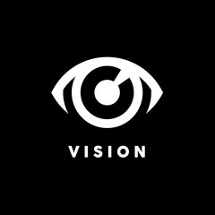 Abstract vision logo with white eye icon concept on black background. Vector illustration.