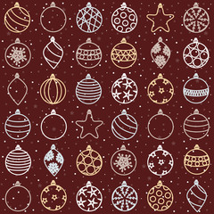 Set of different Christmas toys on a background of snowfall