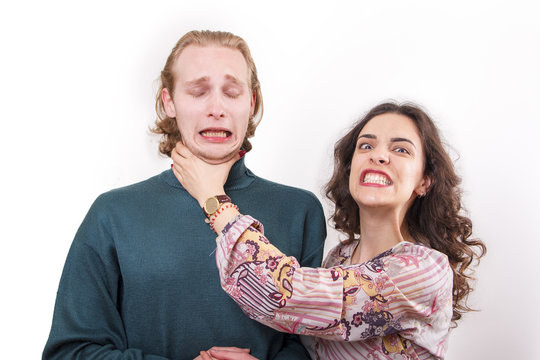 Woman choking her husband, angry wife, domestic abuse