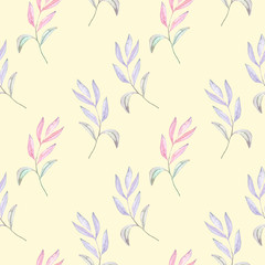 Fototapeta na wymiar Seamless pattern with the watercolor branches with purple and pink leaves, hand painted isolated on a cream background