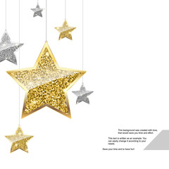 Glitter background with ilver and gold hanging stars. Merry Christmas and Happy New Year background. Template for vip banners or card, exclusive certificate, luxury voucher