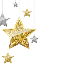 Obraz premium Glitter background with ilver and gold hanging stars. Merry Christmas and Happy New Year background. Template for vip banners or card, exclusive certificate, luxury voucher