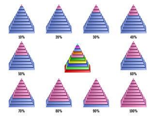 Set of isometry symmetrical pyramid charts. Elements for infographics. Vector