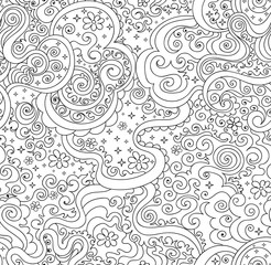 Abstract beautiful decorative vector endless seamless texture with lines, flowers and stars. Coloring book pattern
