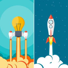 Rocket ship. Launch. Space travel. Start up. Creative idea, innovation. Flight to the moon.