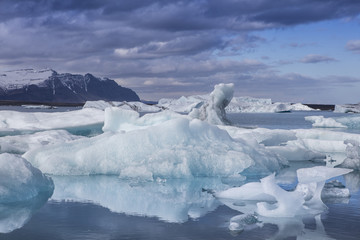 The Jokulsarlon glacier lagoon in Iceland during a bright summer night