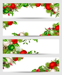 Set of vector Christmas banners with red, silver and green fir-tree branches, balls, holly, mistletoe and cones.