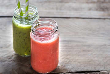 Glass jars of fruit  smoothies