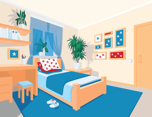Colorful interior of bedroom in flat cartoon style.