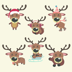 A set of vector colorful christmas rain deer illustrations. Cartoony pictures.
