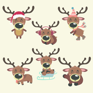 A set of vector colorful christmas rain deer illustrations. Cartoony pictures.
