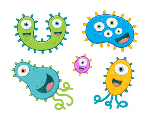 A set of cute green, blue, yellow, pink and blue germ characters - isolated on white background