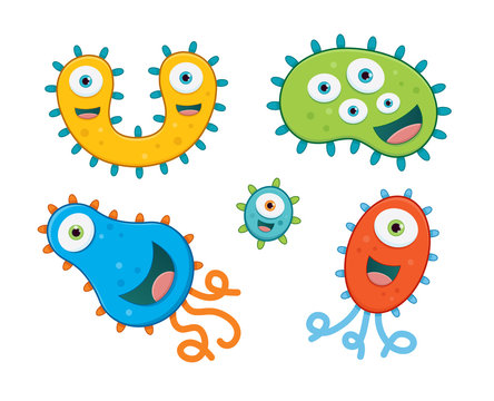 A set of cute green, yellow, orange and blue germ characters - isolated on white background