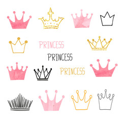 Set of doodle sketch watercolor crowns for your design. Vector illustration. 