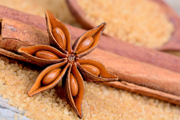 Anise star with cinnamon and sugar in a wooden spoon