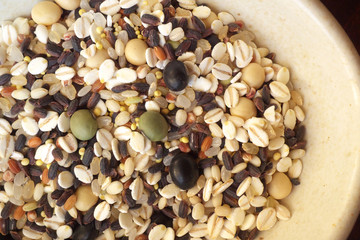 Cereals and beans in a white china bowl