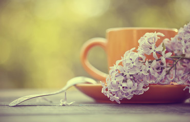 Obraz na płótnie Canvas Orange cup with a spoon and a lilac branch