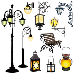 Set of different lanterns and bench